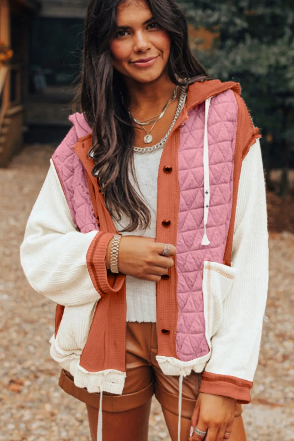 Drawstring Texture Button Up Long Sleeve Hooded Jacket, image 5
