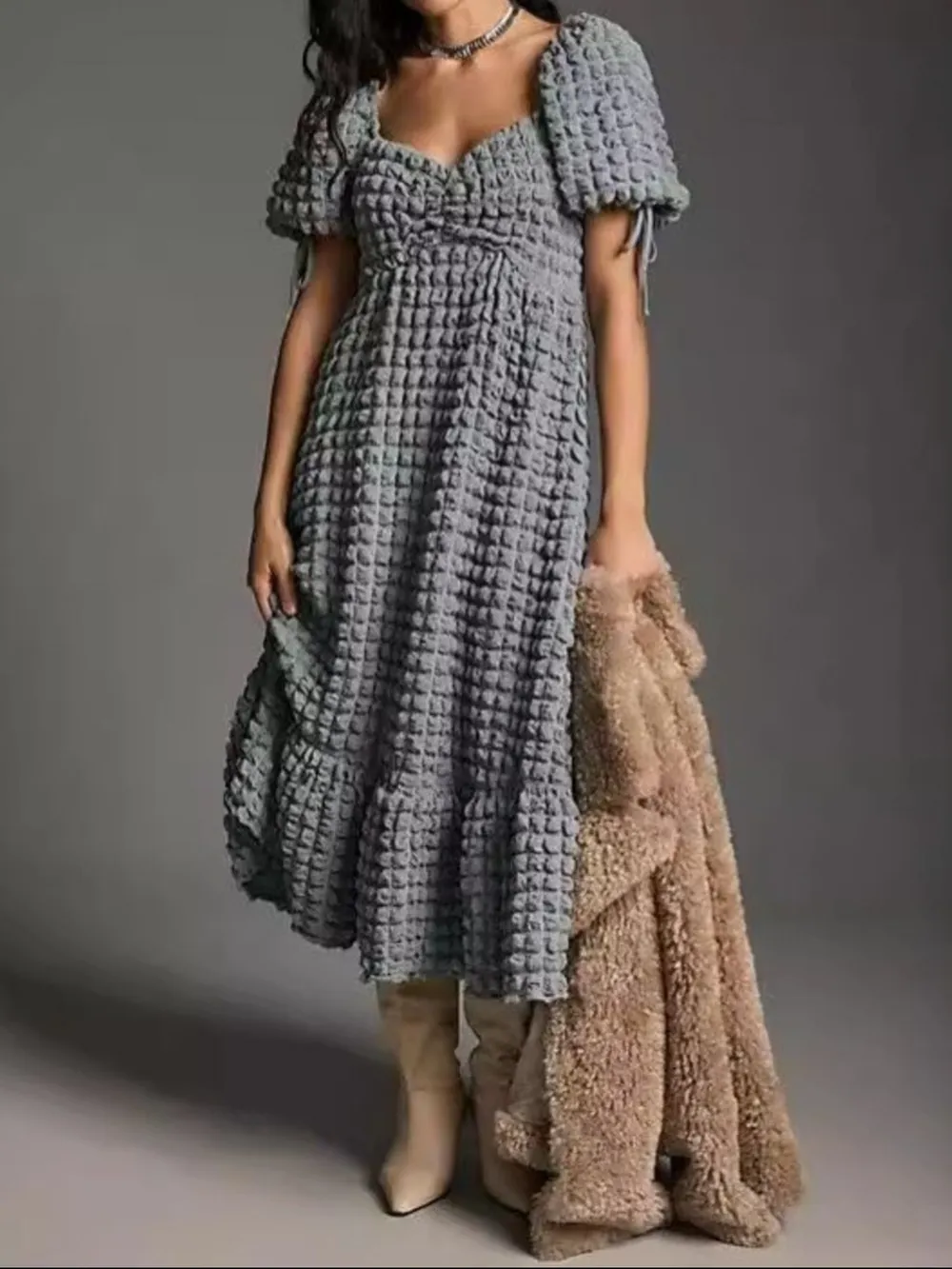 Textured Sweetheart Neck Short Sleeve Dress, image 15