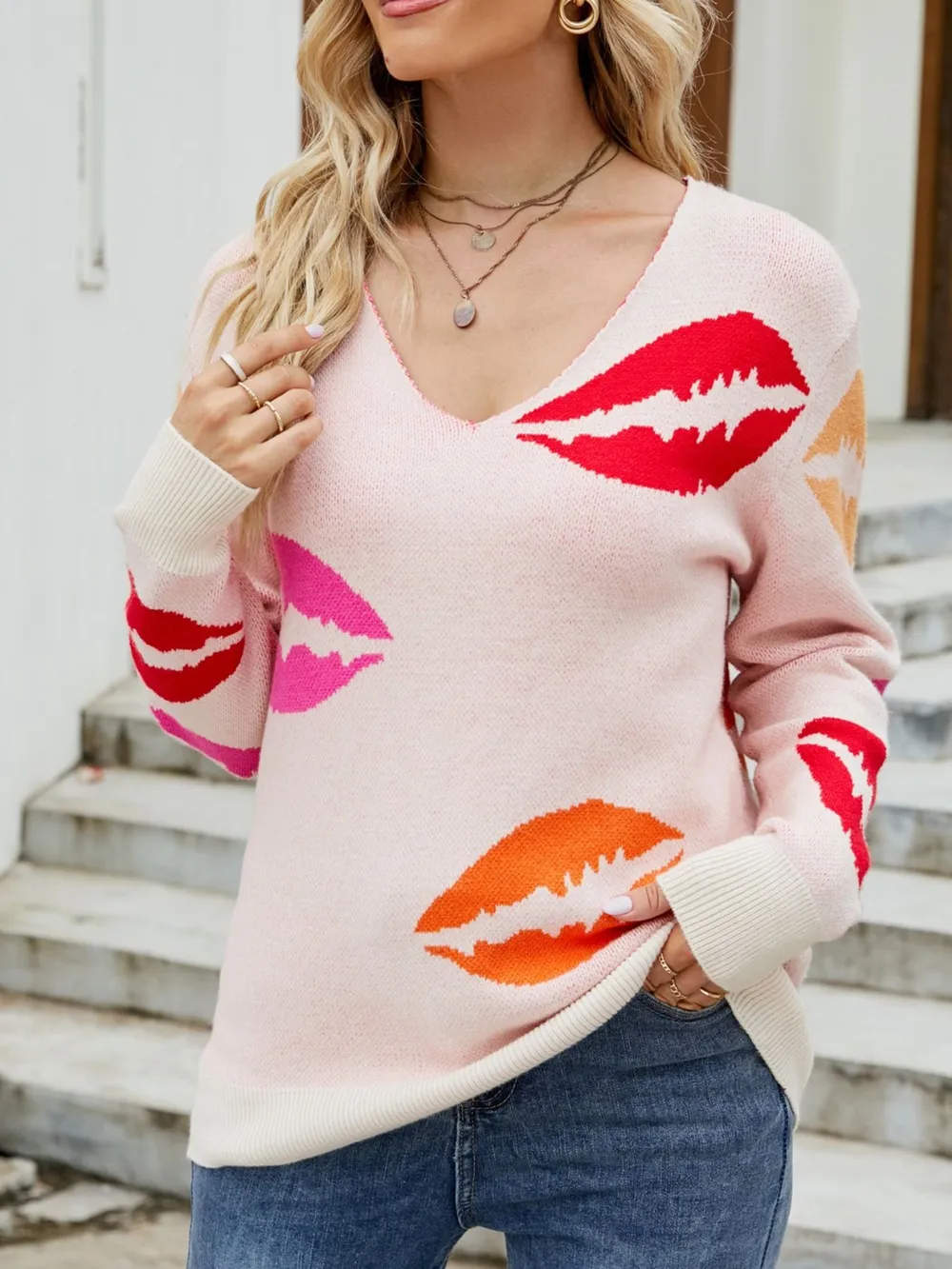 Colorful Lips V-Neck Sweater, image 6