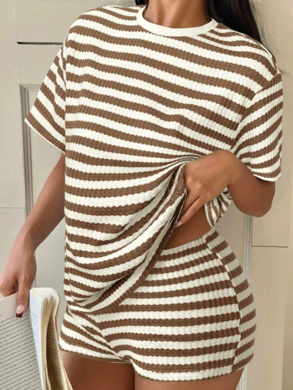 Striped Round Neck Top and Shorts Set, image 4