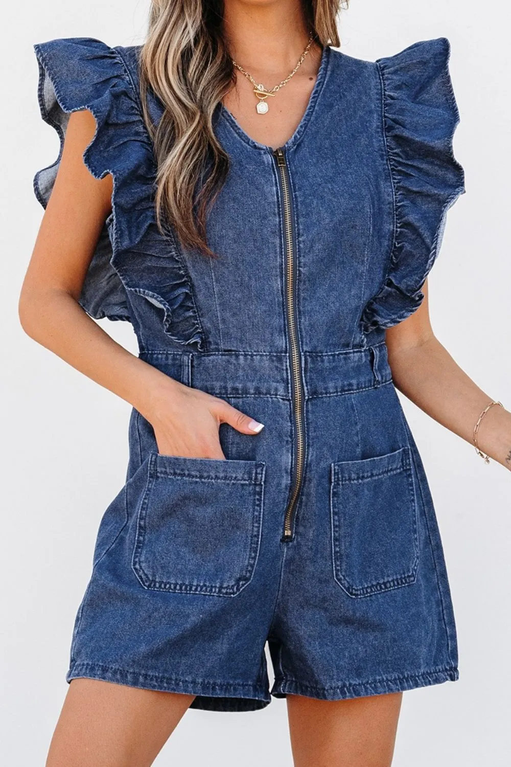 Denim Ruffled Zipped Front Belted Romper, image 12