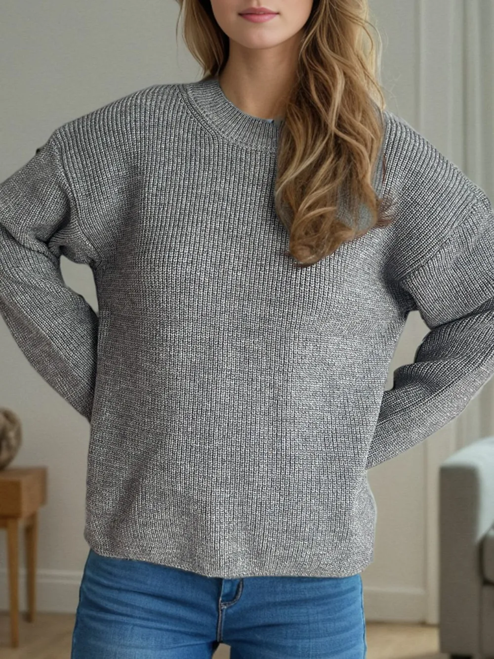 Solid Color Round Neck Long Sleeve Sweater, image 4