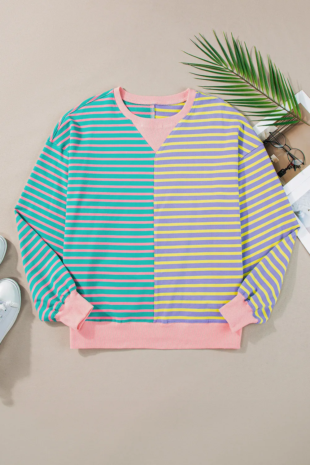 Contrast Stripes Round Neck Long Sleeve Sweatshirt, image 14