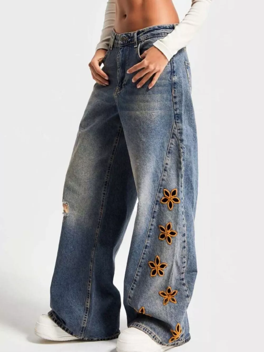 Floral Embroidered Wide Leg Jeans, image 2