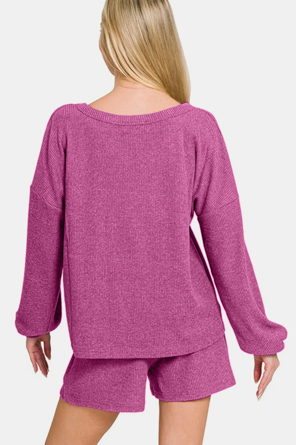 V-Neck Long Sleeve Ribbed Top and Shorts Set, image 3