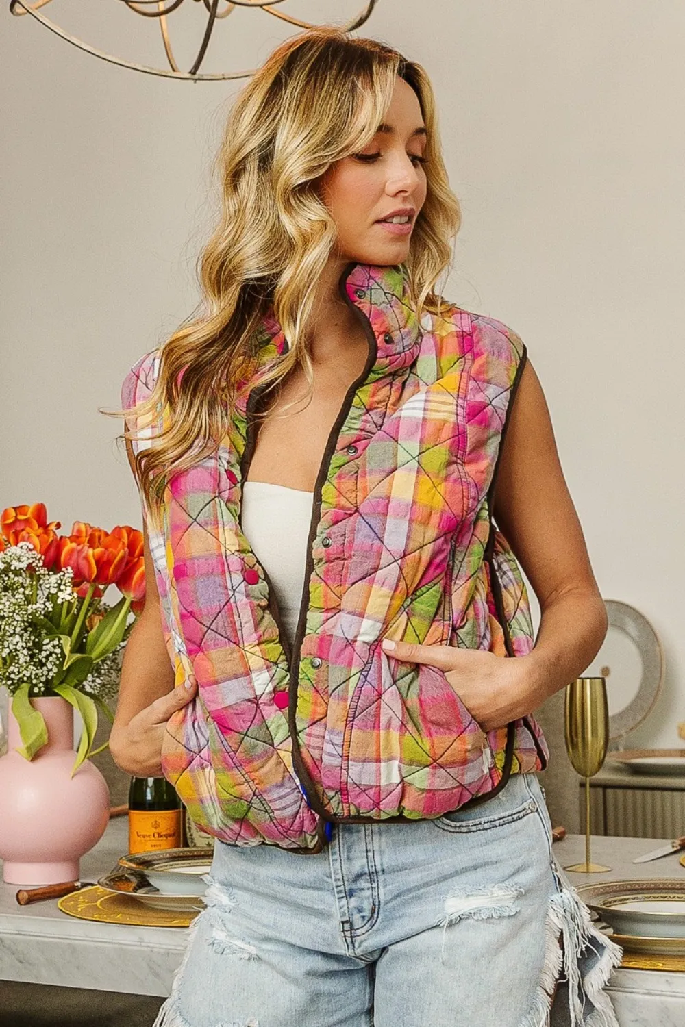 Quilted Washed Plaid Snap Down Vest, image 3
