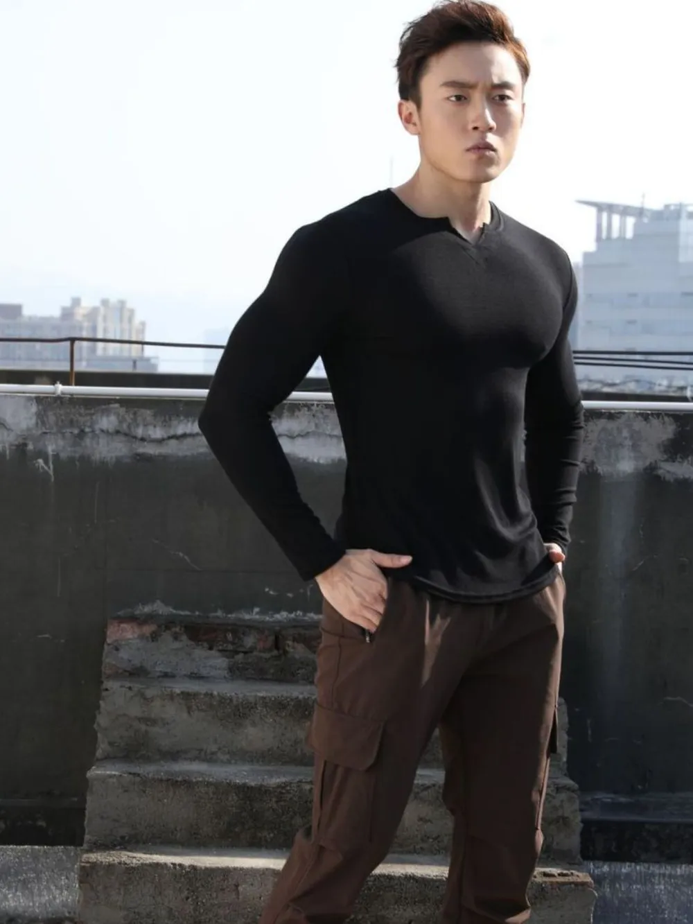 Men's Plus Size Notched Long Sleeve T-Shirt