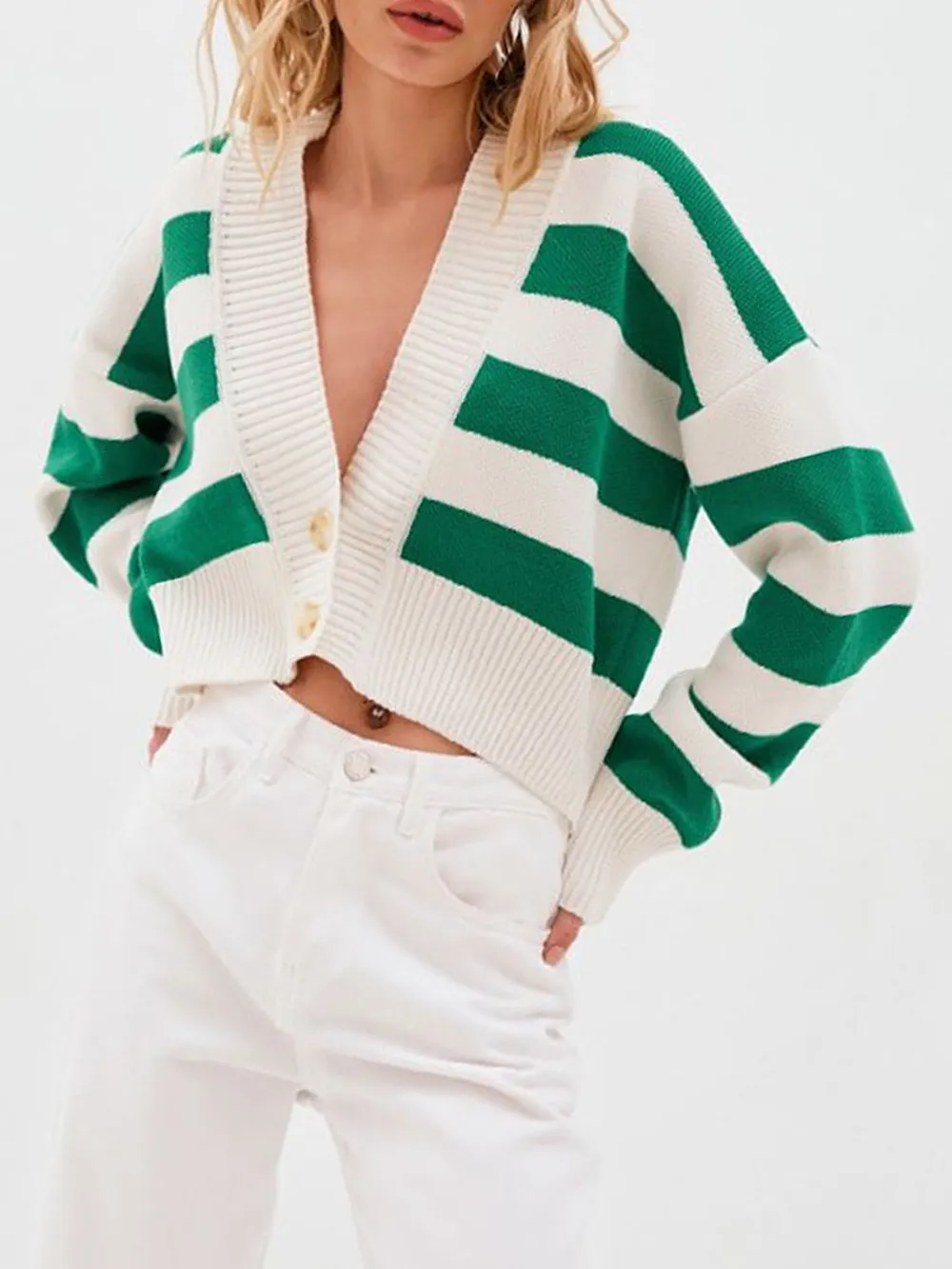 Striped Button Down Drop Shoulder Cardigan, image 8