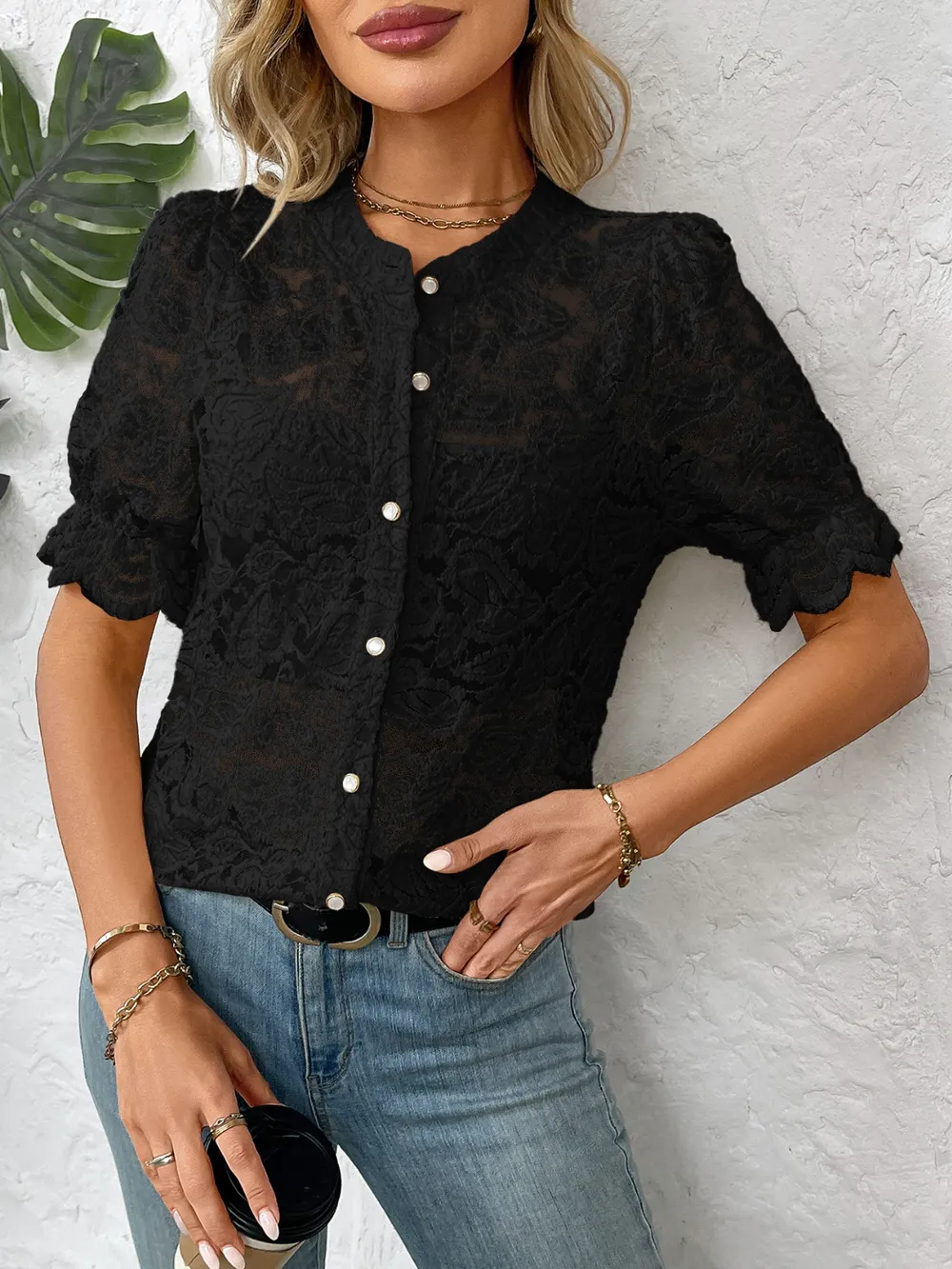Button Down Half Sleeve Lace Shirt