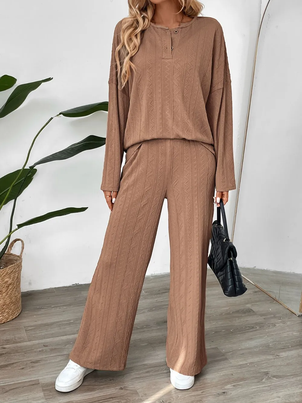 Quarter Button Long Sleeve Top and Pants Set, image 6
