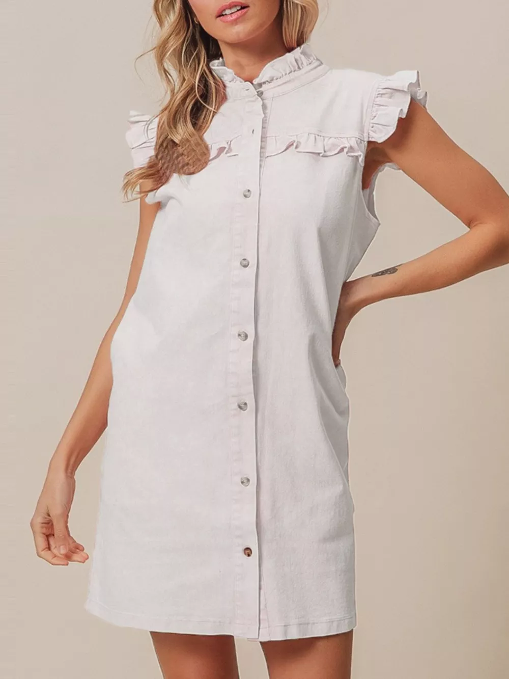 Ruffled Trim Button-Down Denim Dress, image 2