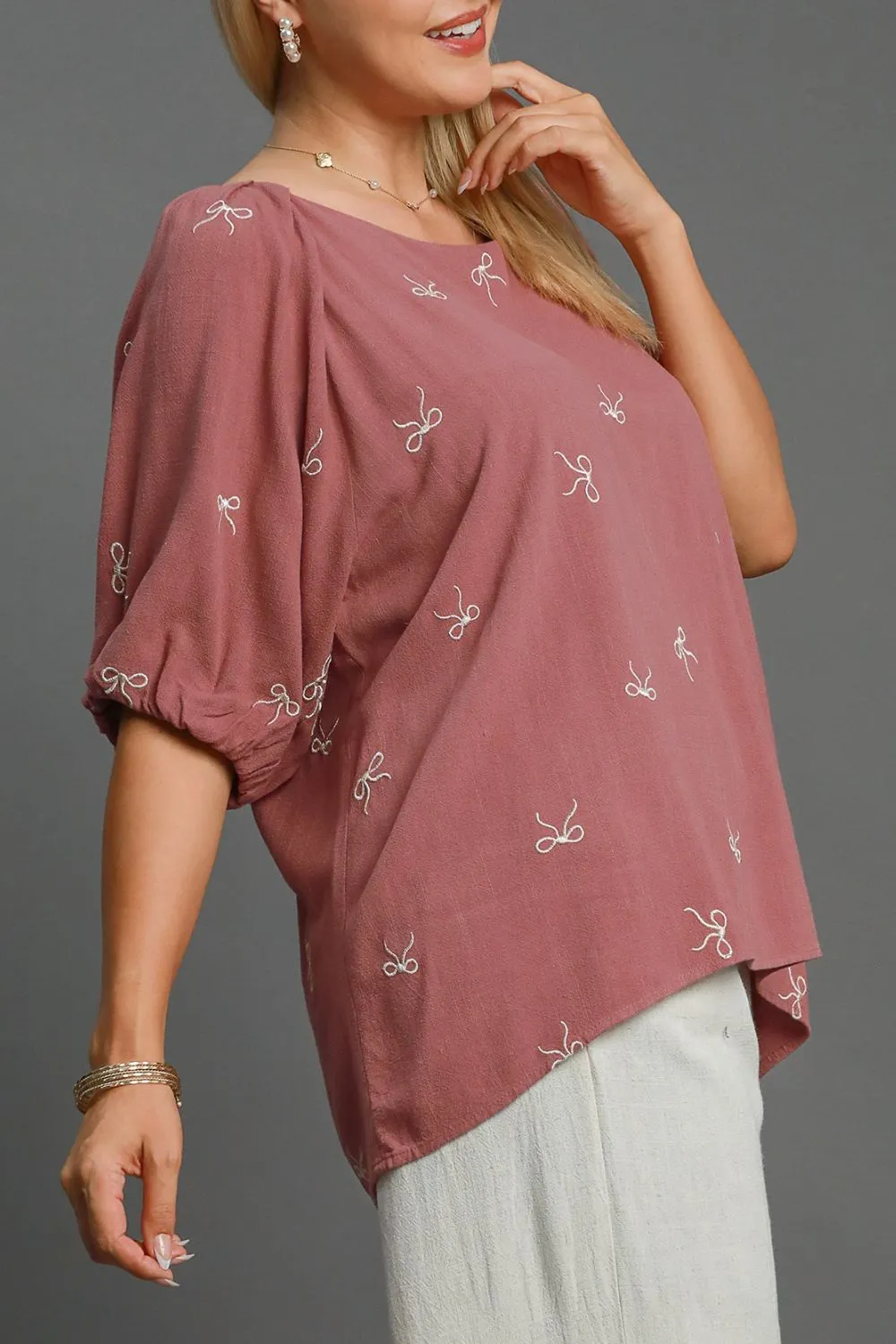 Full Size Linen Blend Ribbon Embroidered Top Plus Size, image 4