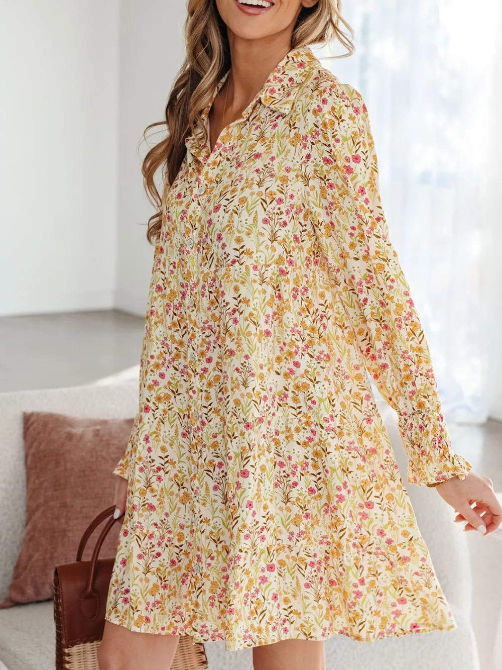 Floral Print Frilly Trim Smocked Cuff Long Sleeve Loose Shirt Dress, image 15