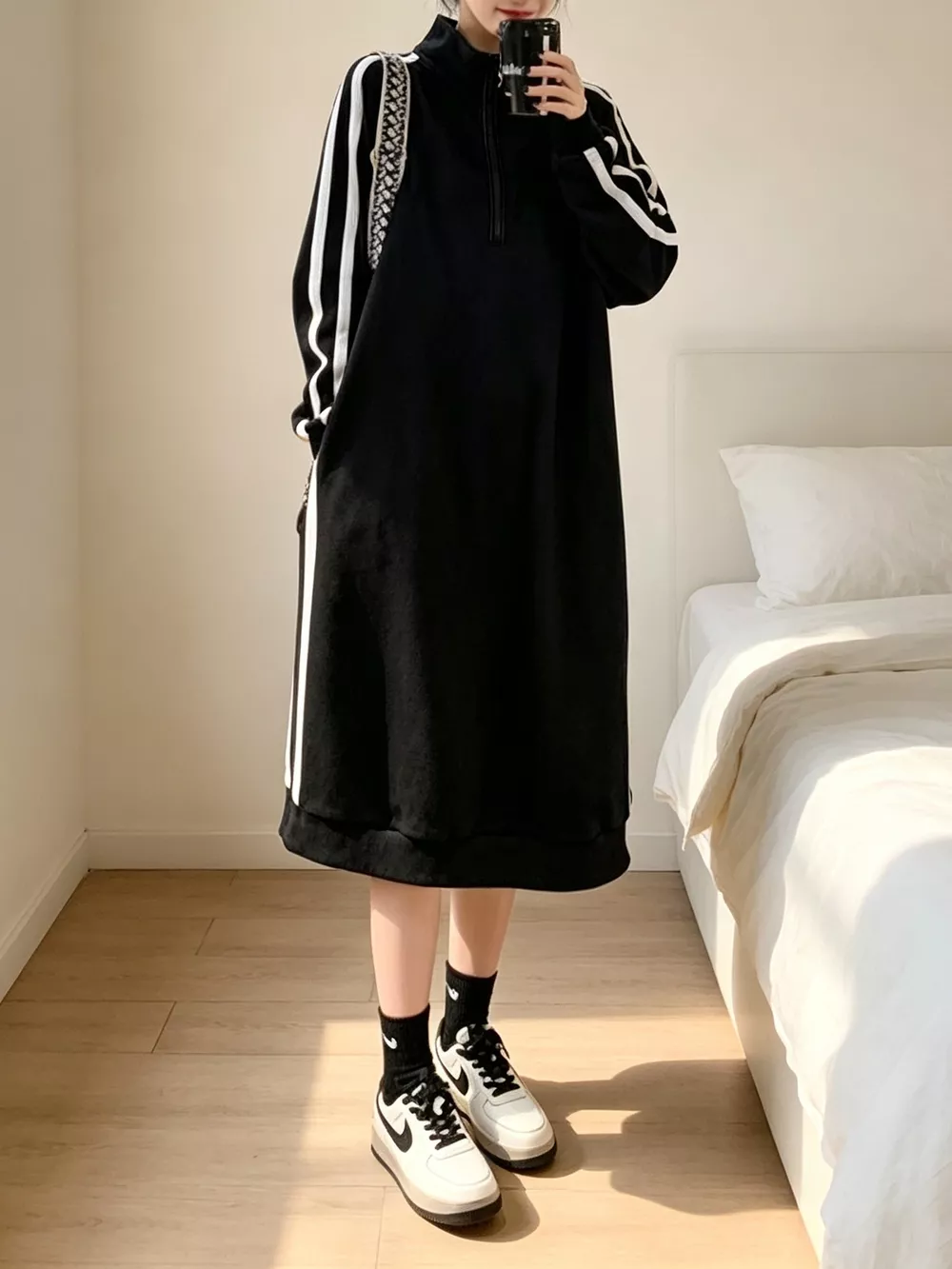 Casual Quarter‑Zip Mock Neck Side Stripe Midi Sweatshirt Dress, image 4