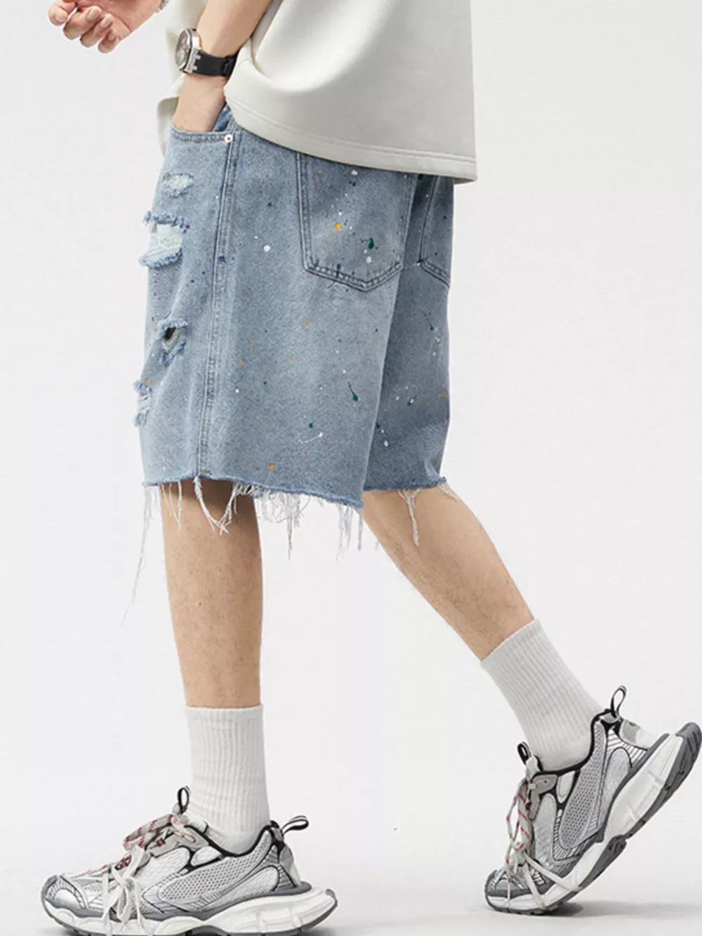 Men's Distressed Paint Splatter Denim Shorts, image 7