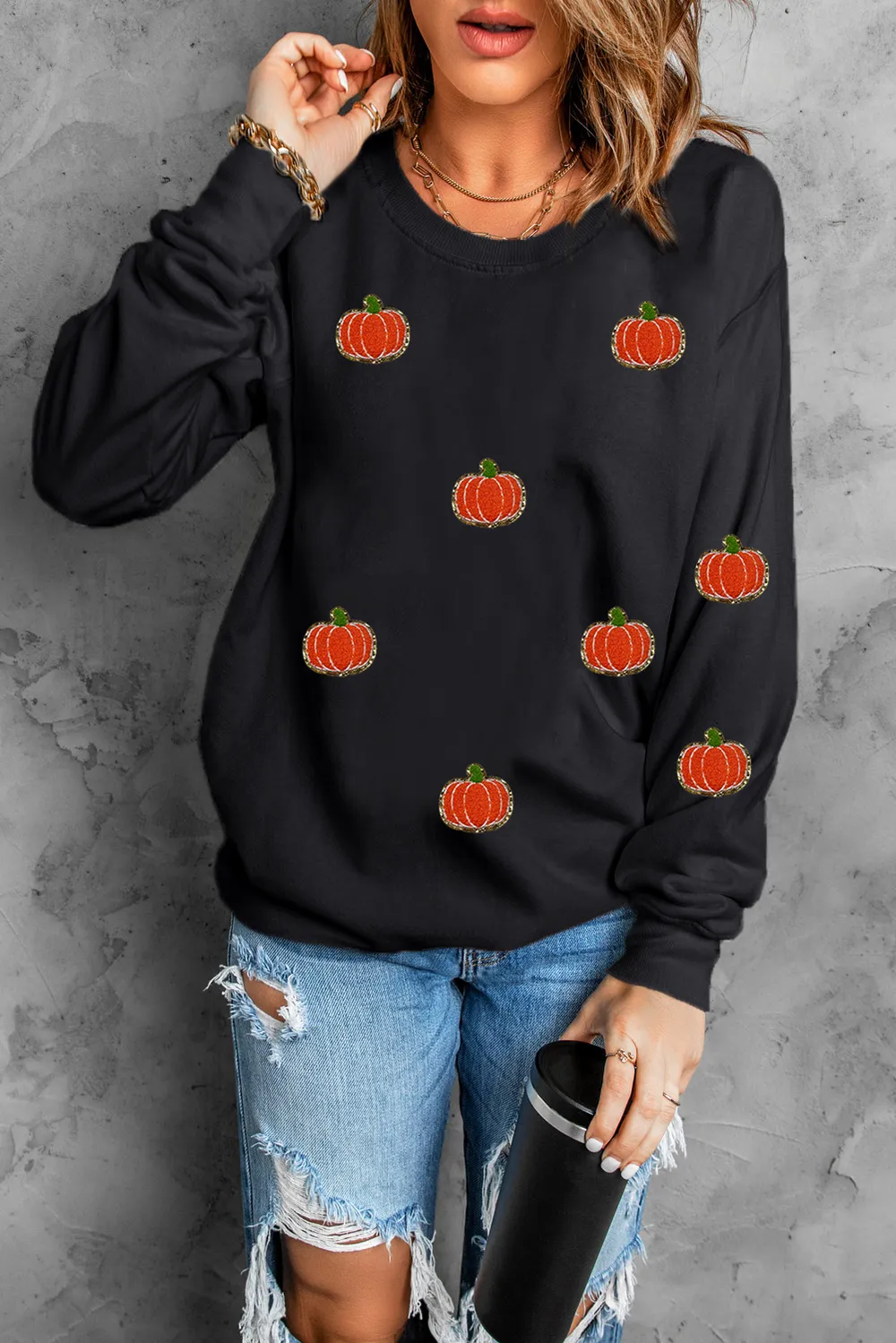 Pumpkin Round Neck Long Sleeve Sweatshirt, image 5
