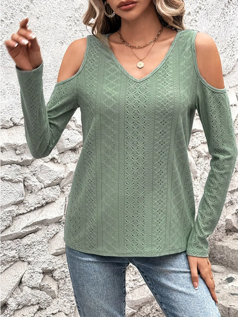 Full Size Eyelet V-Neck Cold Shoulder T-Shirt, image 5