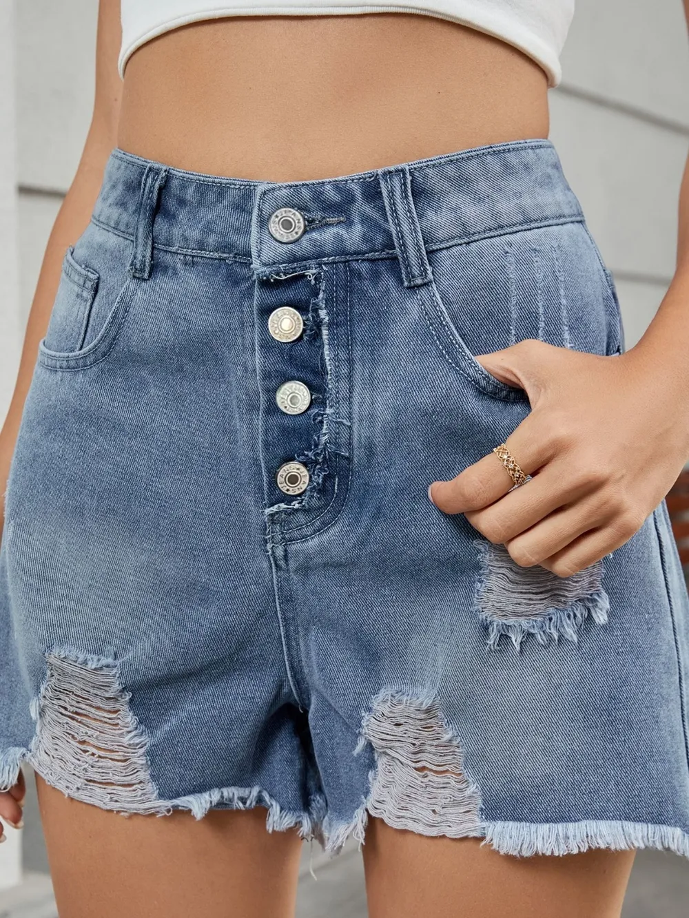 Distressed Raw Hem Denim Shorts, image 14