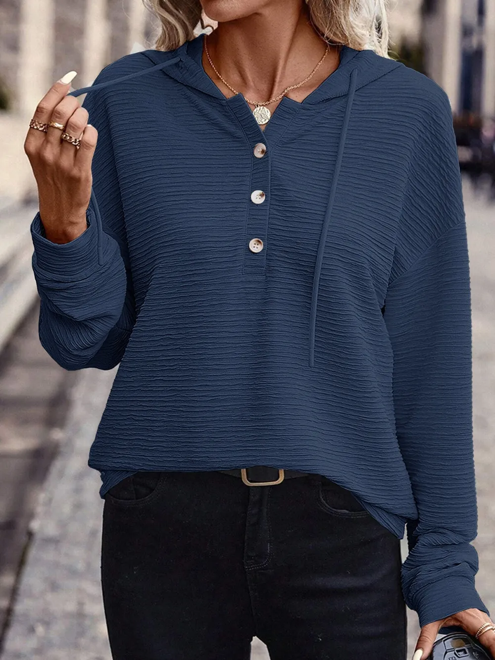 Drawstring Quarter Button Long Sleeve Hoodie, image 13