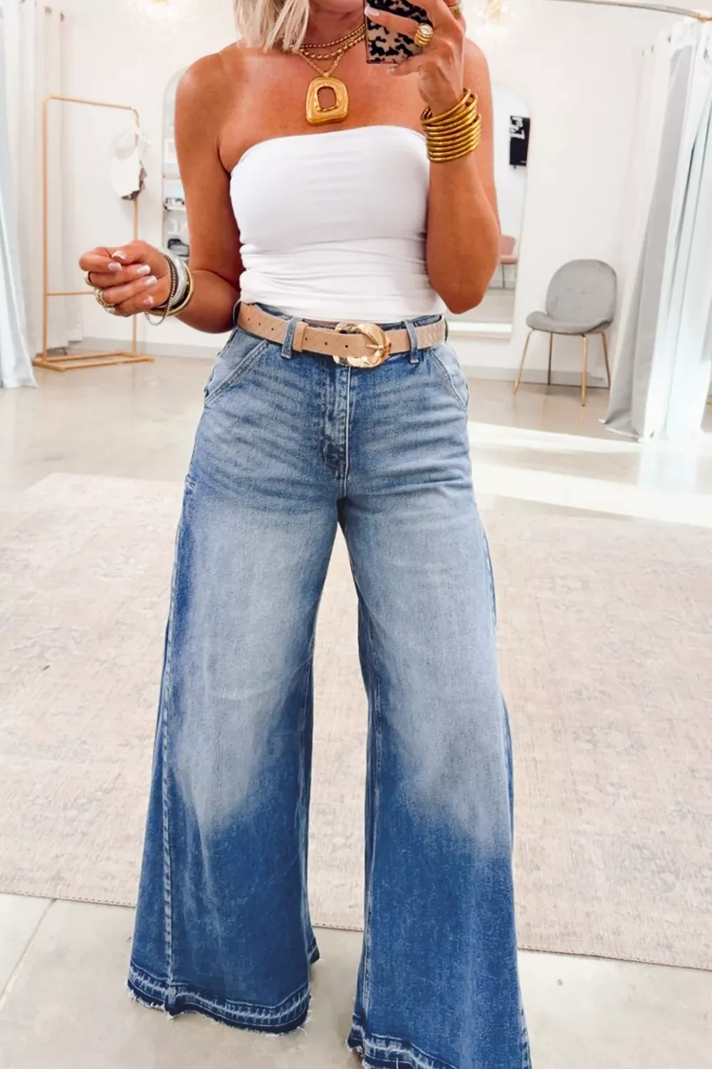 Side Seam Gathering Flare Leg Jeans, image 5