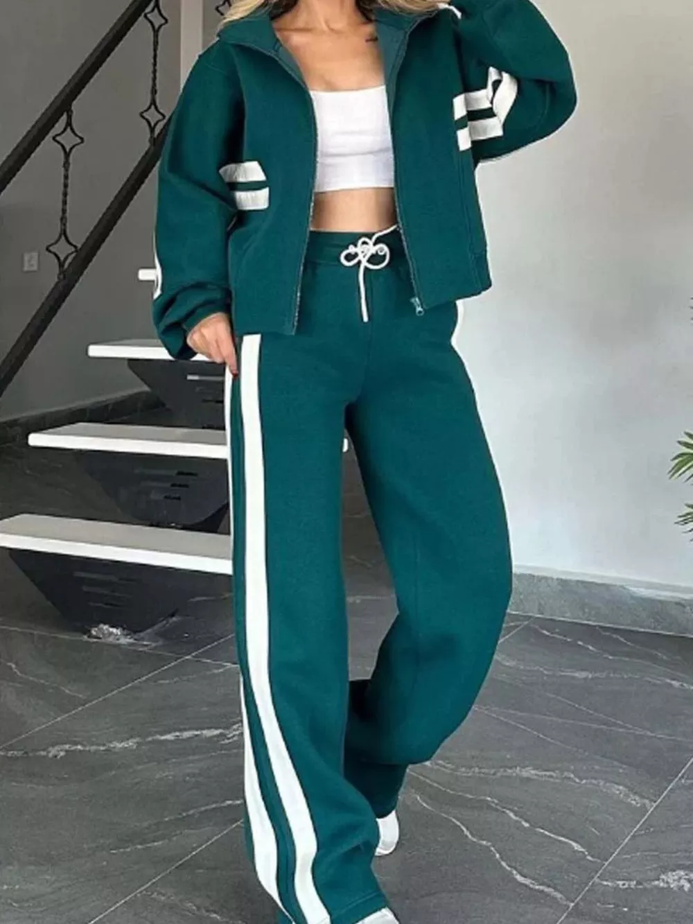 Full Size Contrast Stripe Zip Up Jacket and Pants Set Plus Size, image 11
