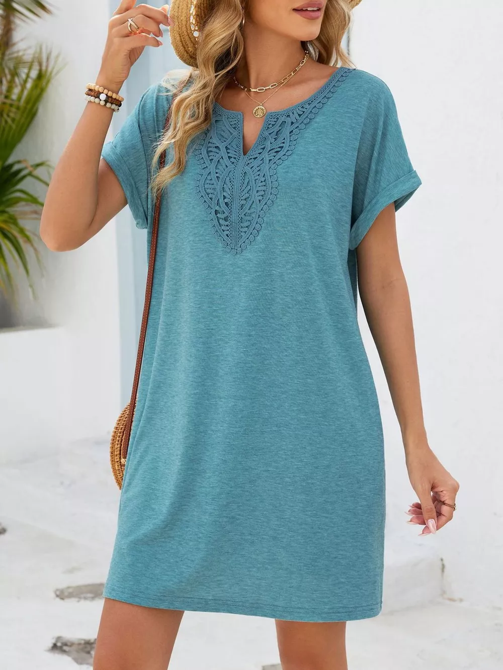 Lace Trim Notched Short Sleeve Dress, image 11
