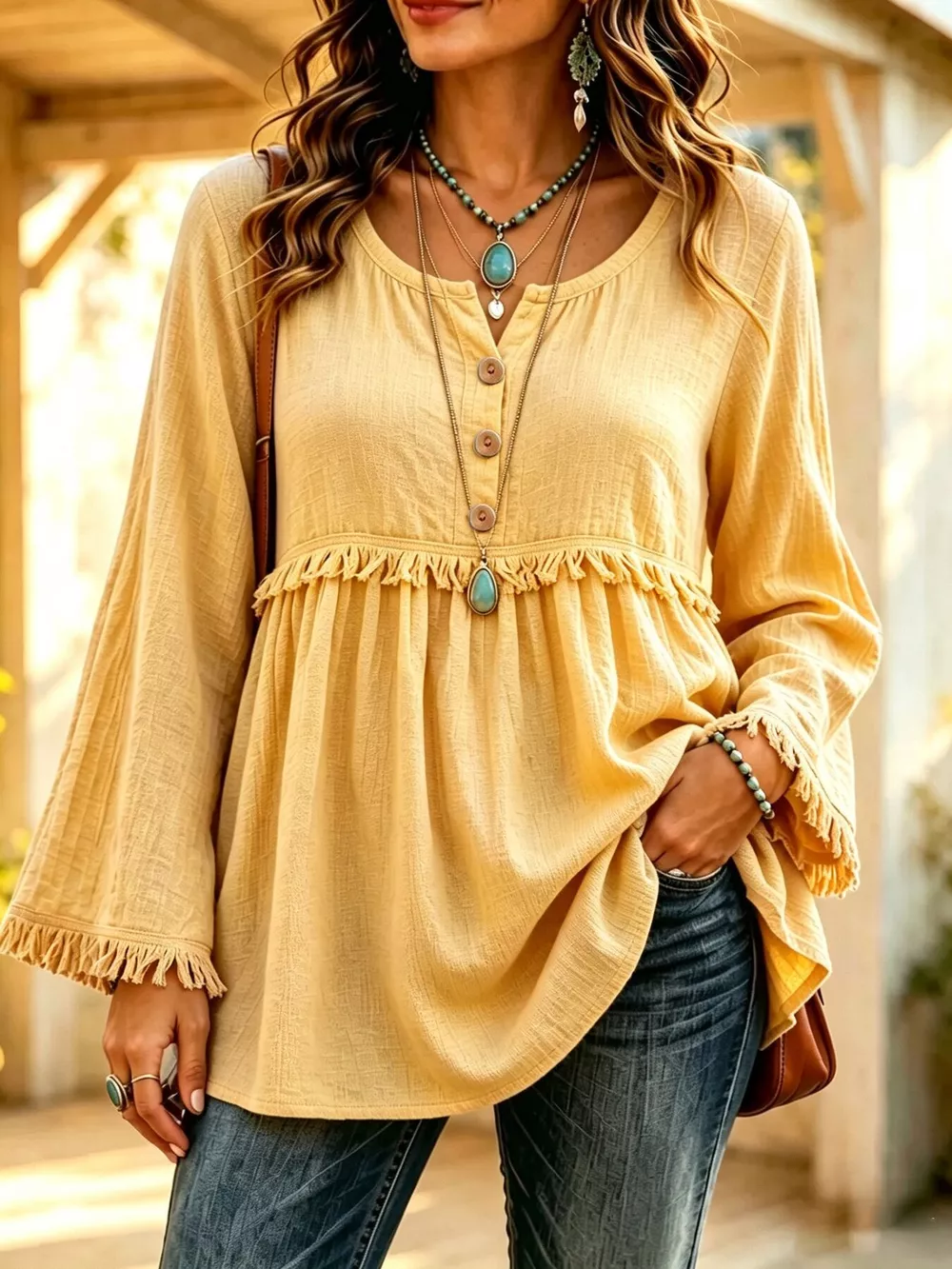 Button-Down Detail Fringed Hem Blouse, image 4