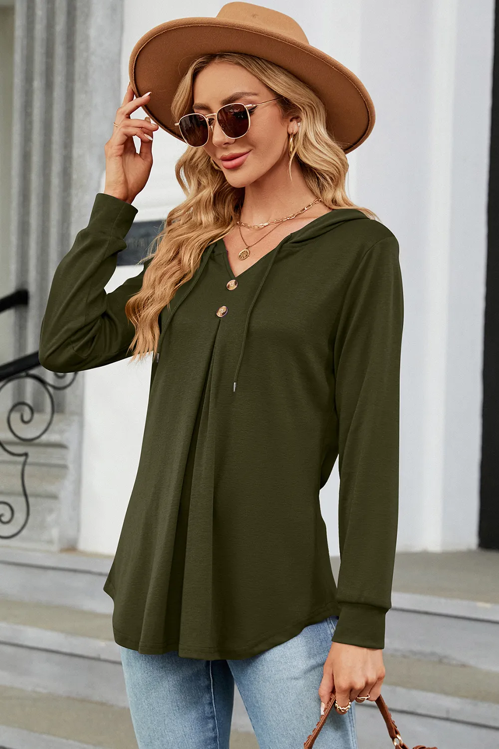 Decorative Button Drawstring Long Sleeve Hoodie, image 14