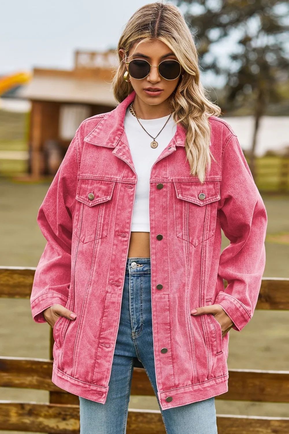 Buttoned Collared Neck Denim Jacket with Pockets, image 7
