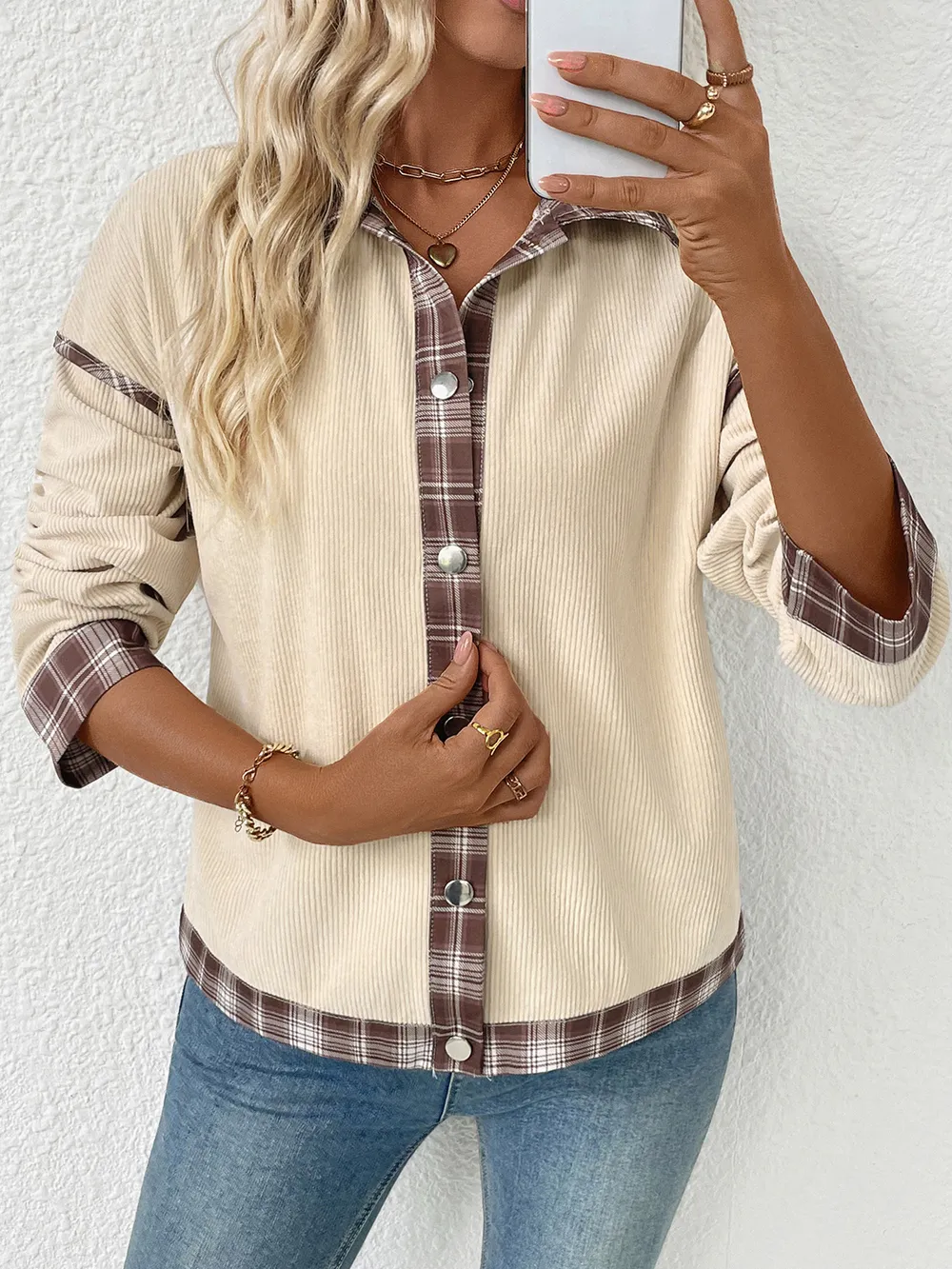 Plaid Hem Button Up Long Sleeve Shacket, image 10
