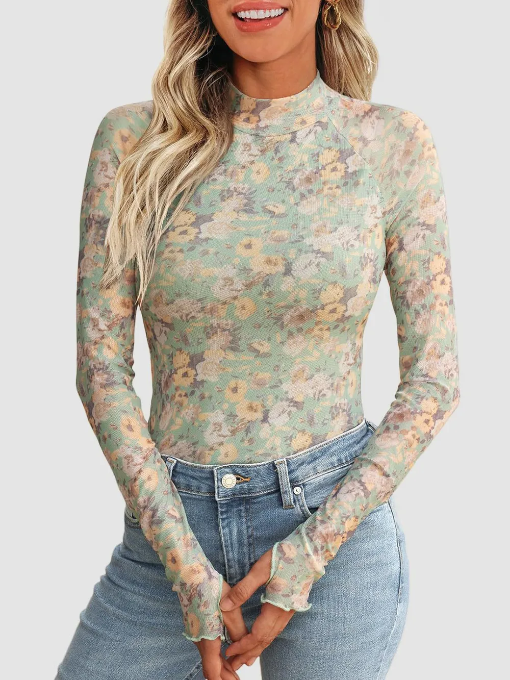 Floral Mock Neck Long Sleeve T-Shirt, image 24