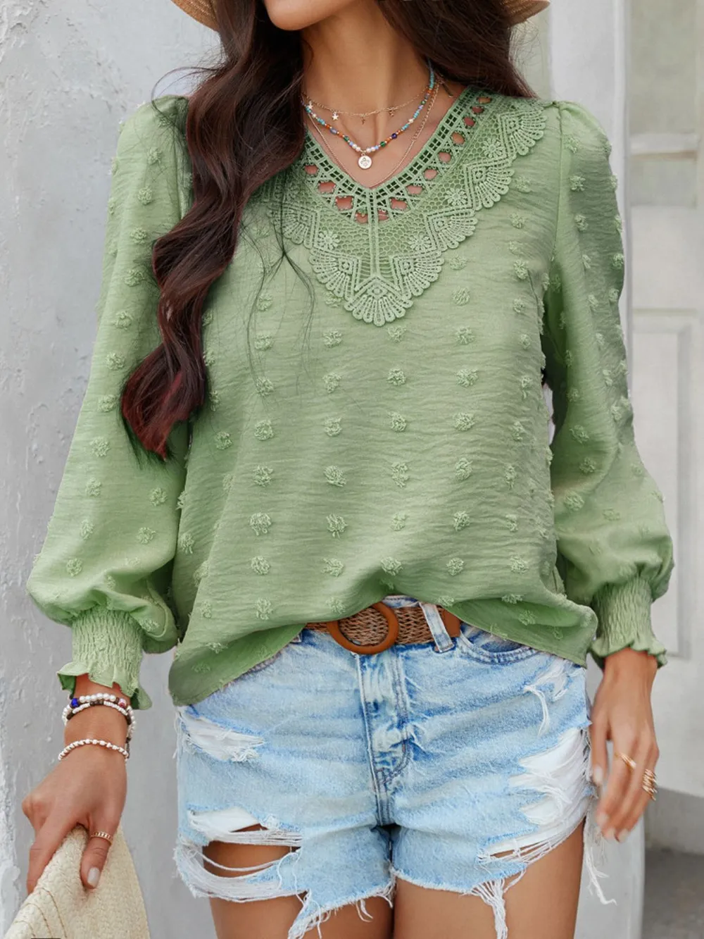 Swiss Dot Lace Detail V-Neck Long Sleeve Blouse, image 16