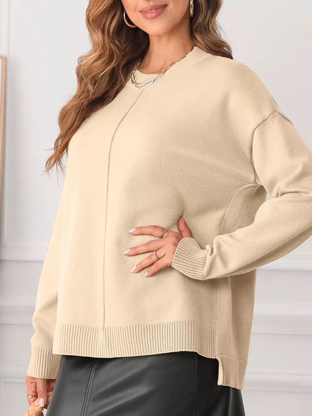 Front Center Seam Drop Shoulder Solid Sweater, image 4