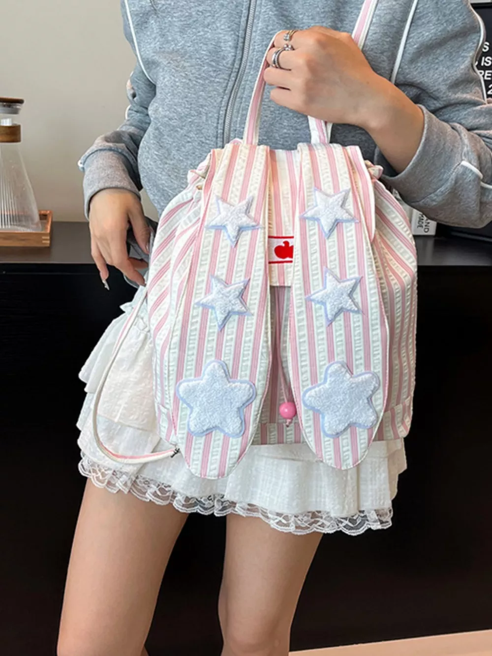 Striped Star Bunny Ear Backpack Bag, image 11