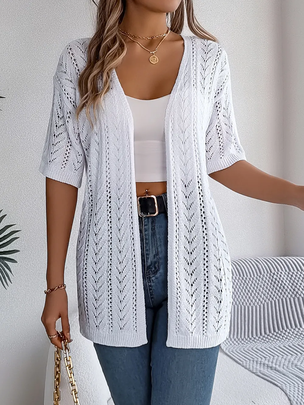 Openwork Open Front Half Sleeve Cardigan, image 2