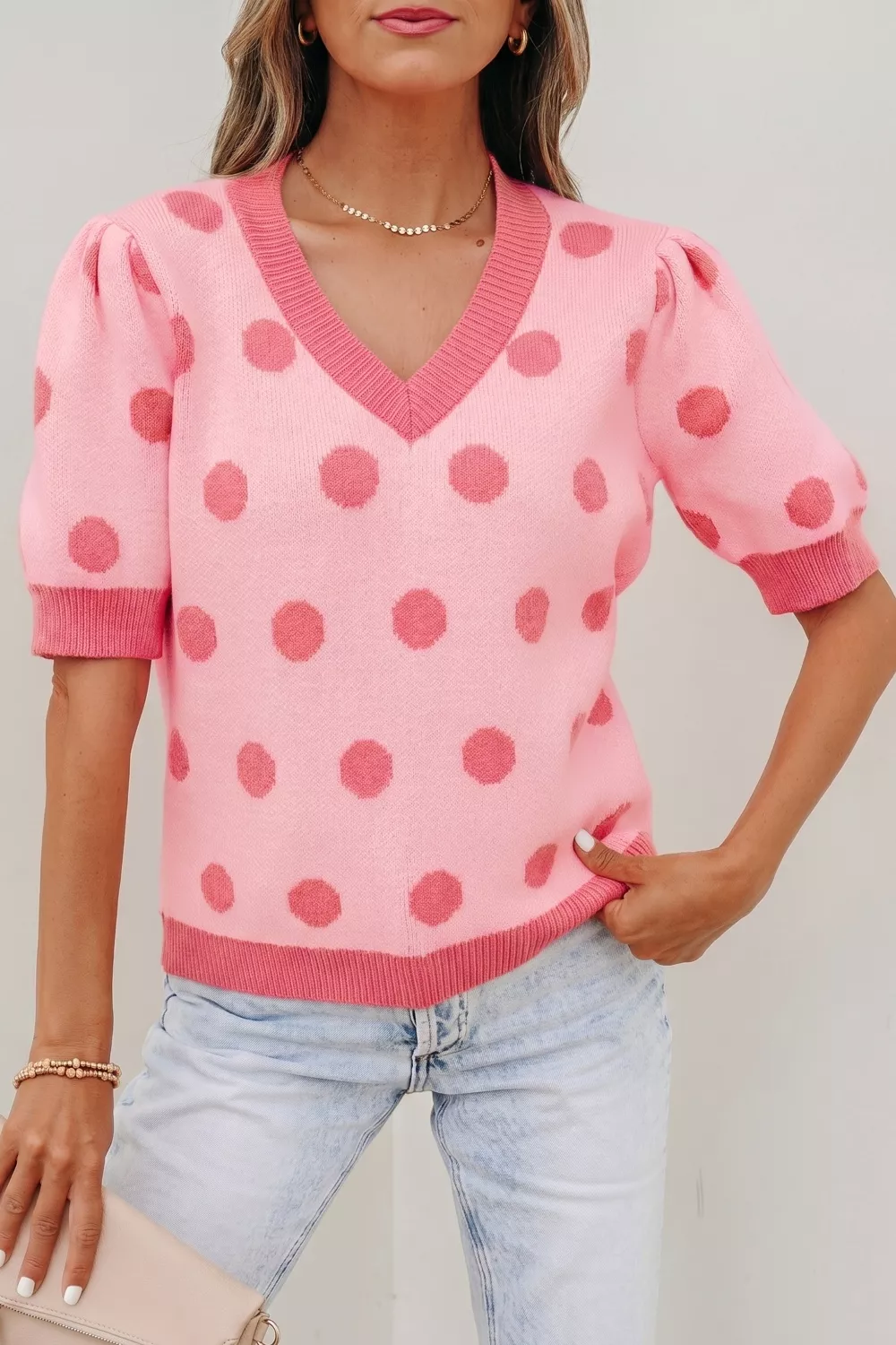 Polka Dot Puff Short Sleeve Sweater Top, image 3