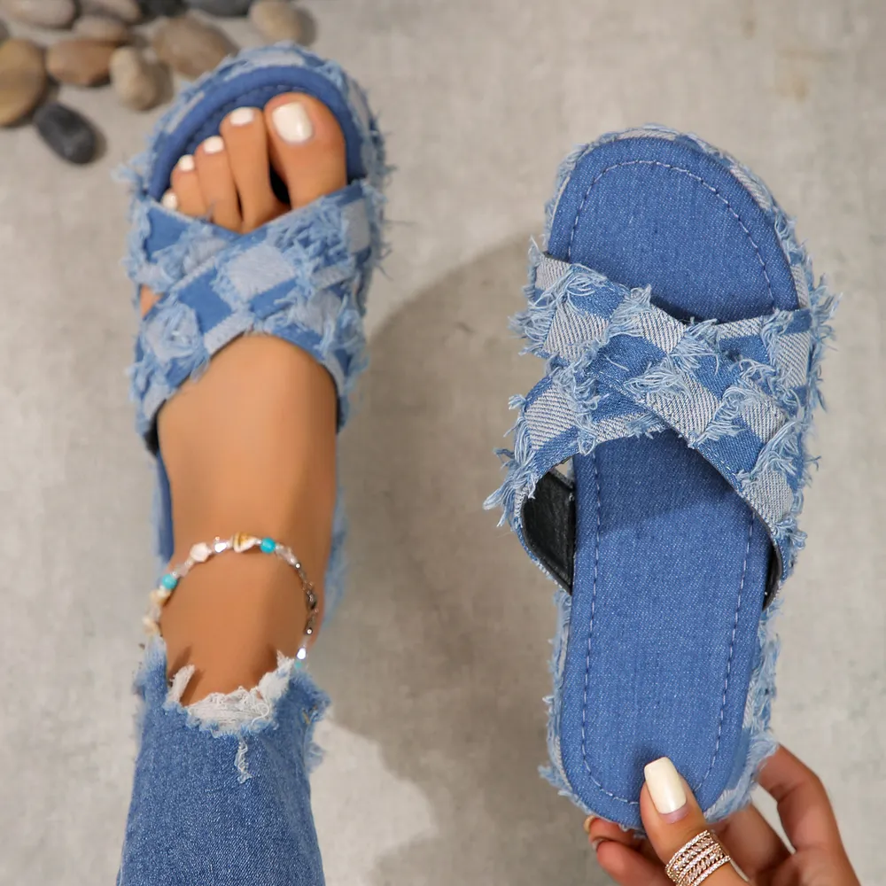 Checkered Raw Hem Open Toe Platform Sandals, image 3