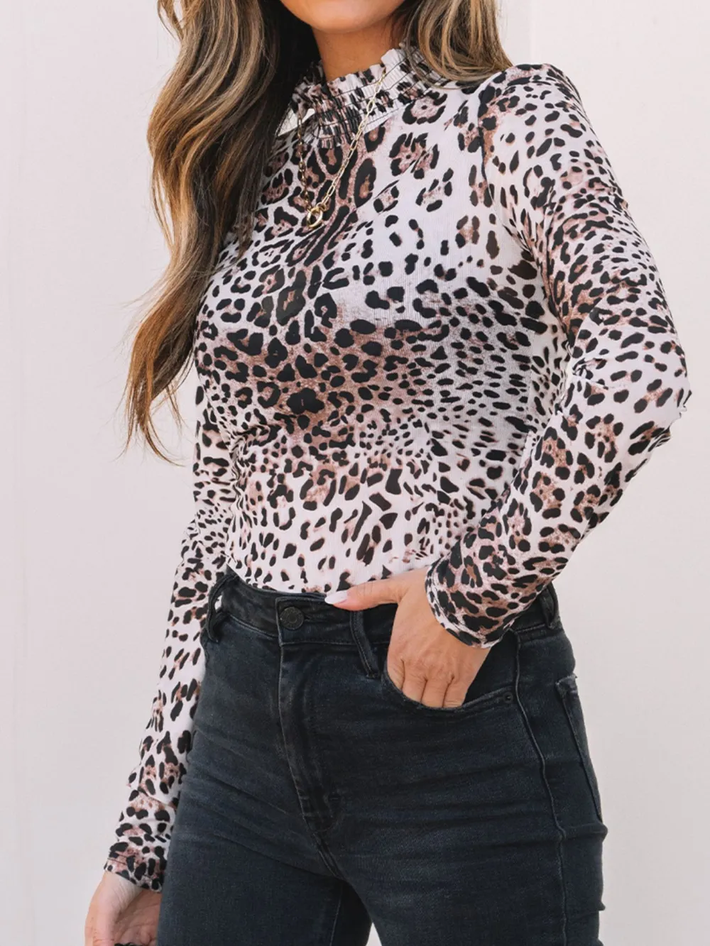 Leopard Print Long Sleeve Mock Neck Bodysuit, image 8