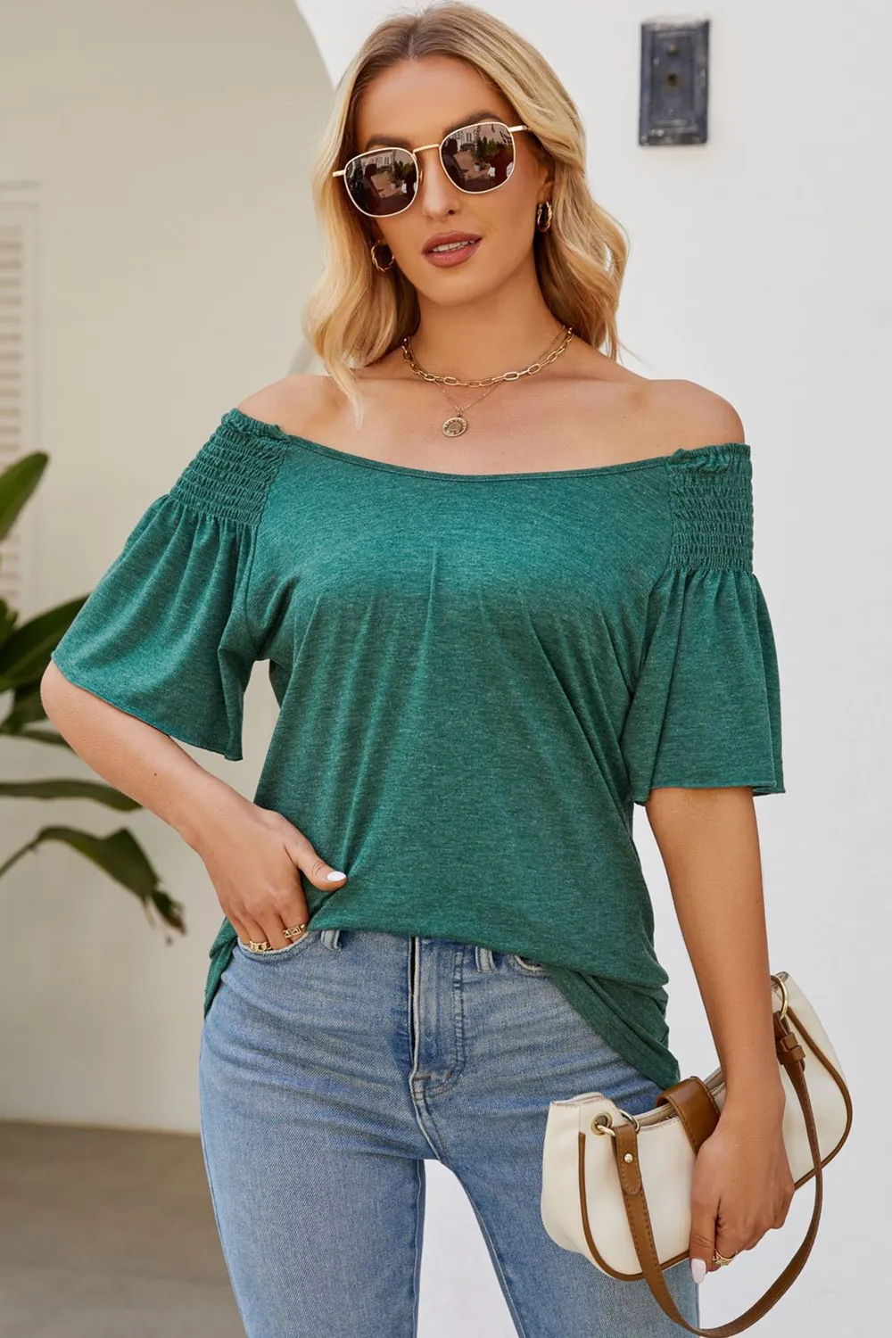 Smocked Round Neck Flutter Sleeve T-Shirt, image 29