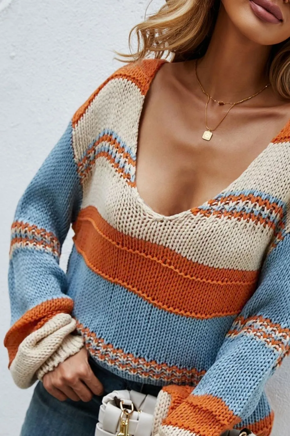 Color Block V-Neck Dropped Shoulder Sweater, image 4