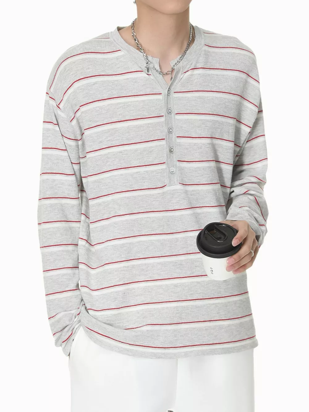Men's Striped Button Detail Henley T-Shirt, image 13