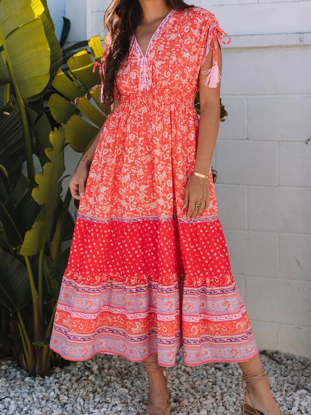 Floral Print Tasseled Tied Sleeve Empire Waist Dress, image 6