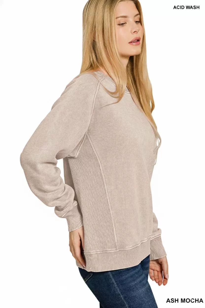 Acid Washed Fleece Sweatshirt with Side Rib, image 2