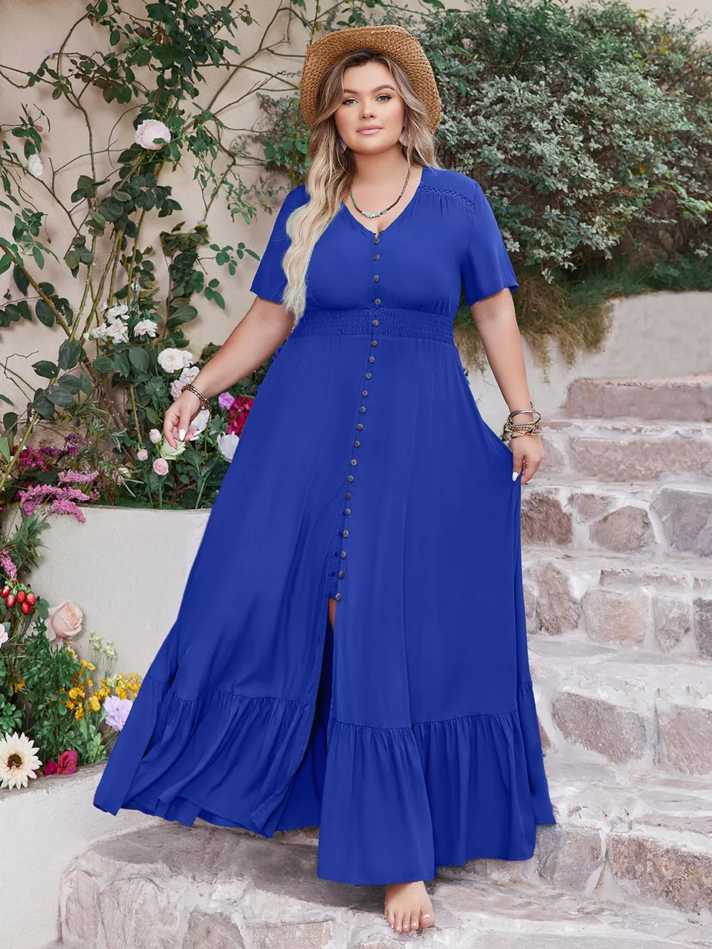 Plus Size Ruffled Hem V-Neck Maxi Dress, image 3