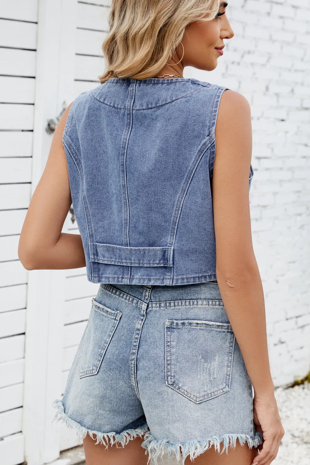 Button Down V-Neck Denim Vest, image 13