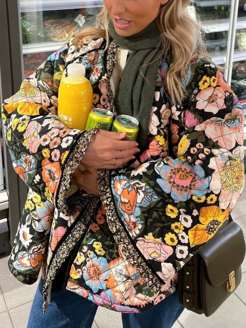 Full Size Floral Print Quilted Sherpa-Lined Jacket Plus Size, image 3