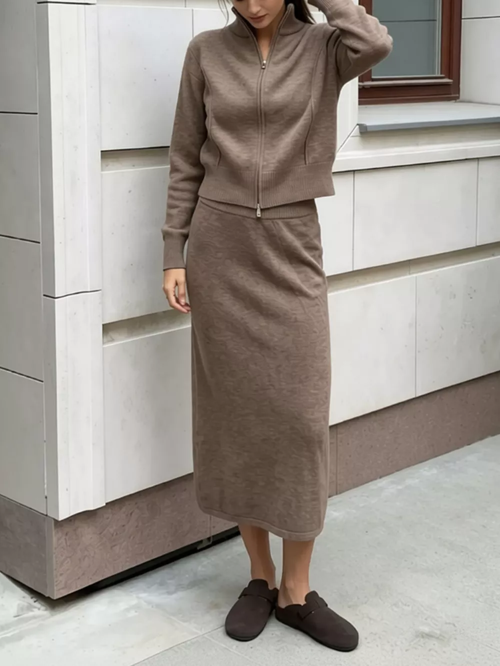Zip-Up Mock Neck Cardigan and Matching Midi Skirt Sweater Set, image 7