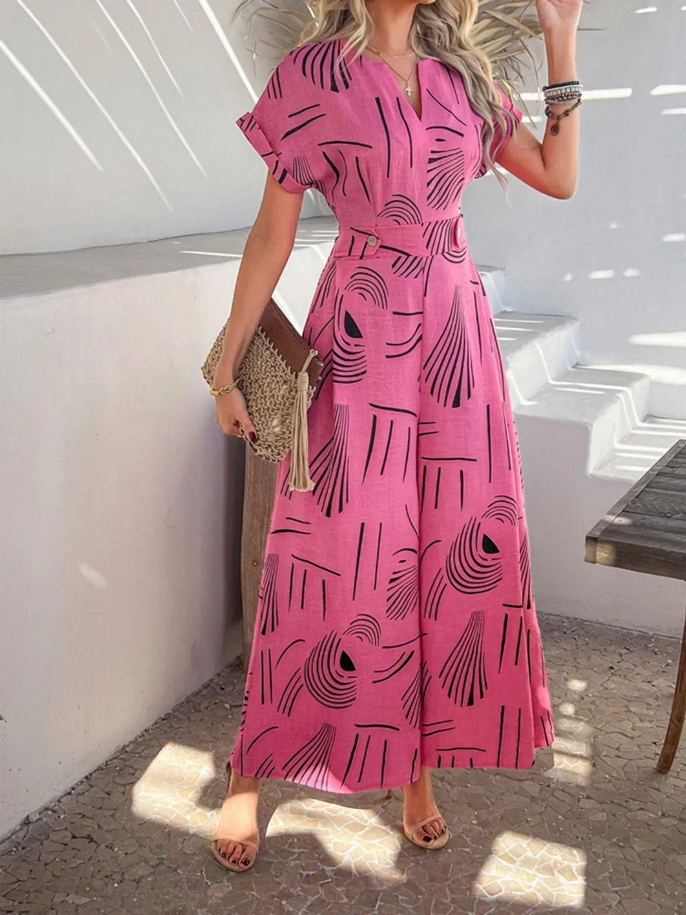 Printed Notched Short Sleeve Wide Leg Jumpsuit, image 22