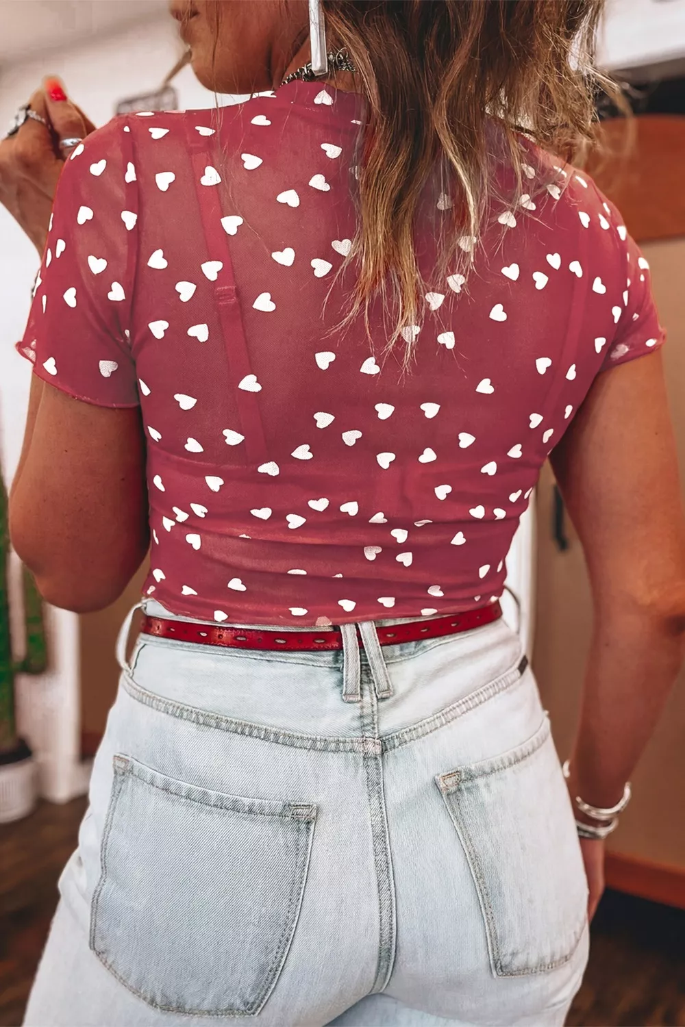 Sheer Heart Print Fitted Top, image 17