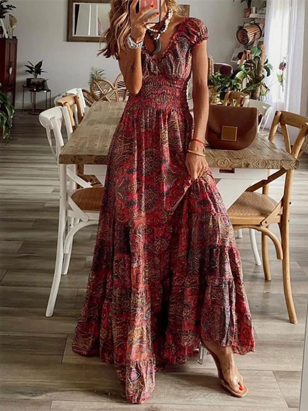 Full Size Smocked Printed V-Neck Short Sleeve Dress, image 20